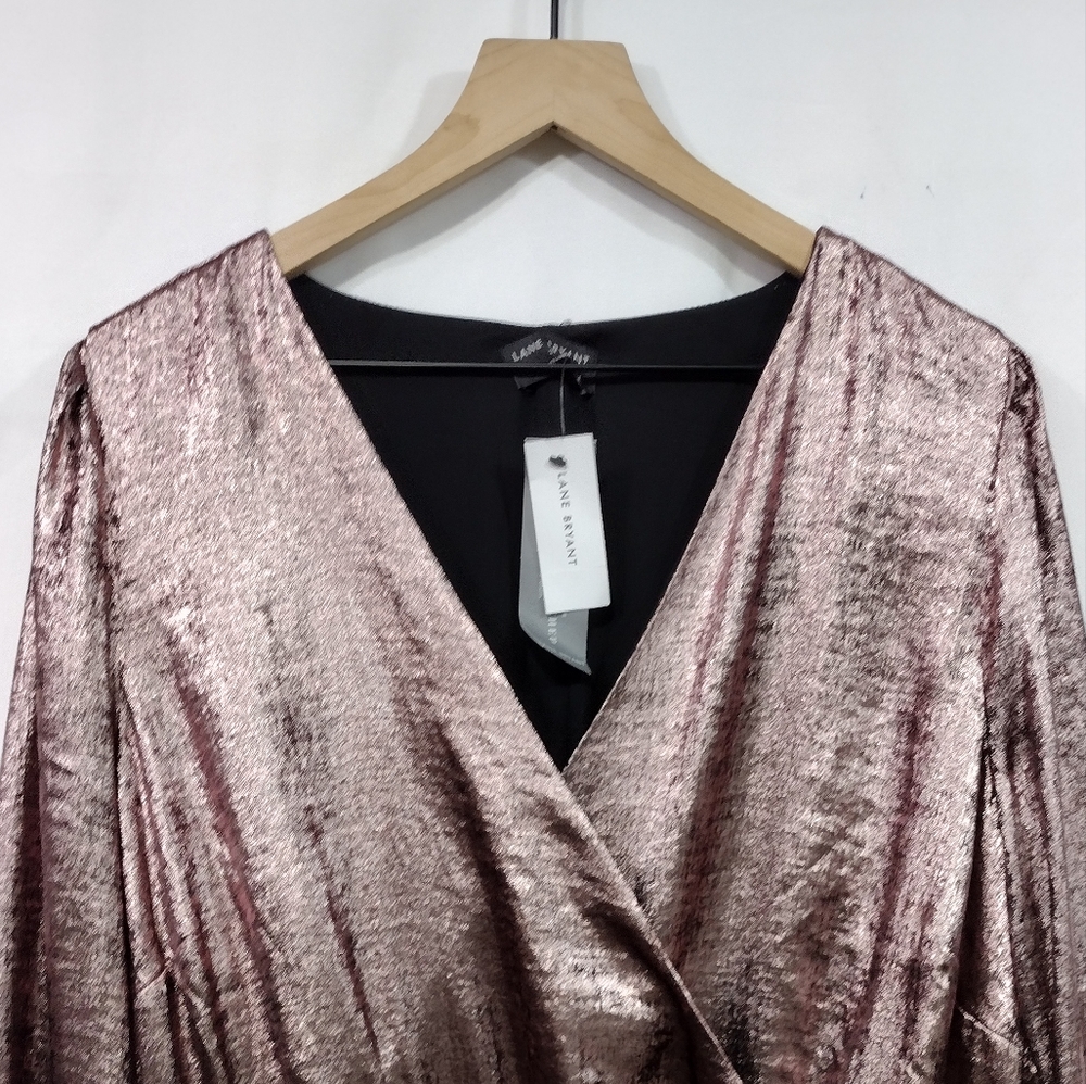 NWT Lane Bryant Blouson-Sleeve Surplice Metallic Midi Dress Women's 22/24 Rose - Picture 3 of 14